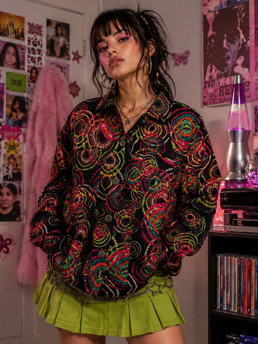 Wear It Psychedelic Corduroy Jacket Size 2 Black Neon Embroidered Festival Y2K